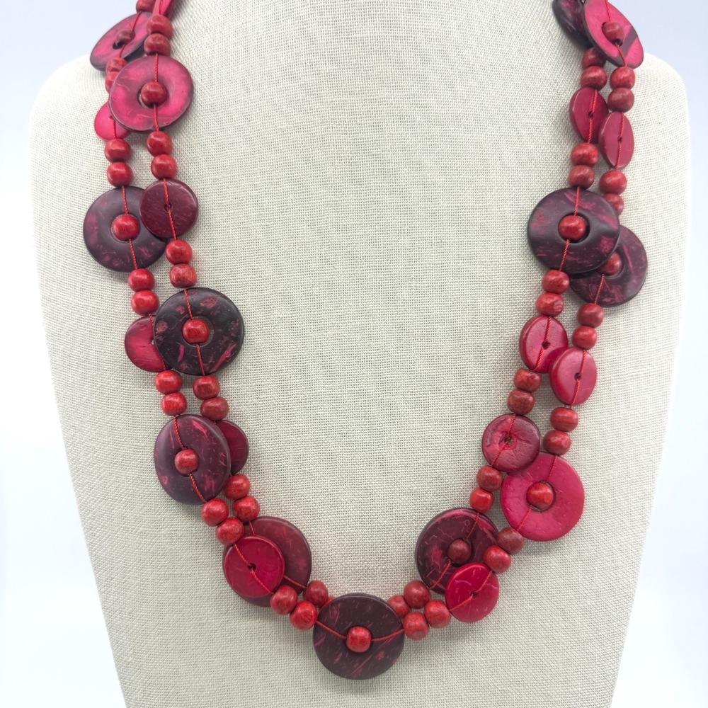 Long Red Wooden Beaded Necklace Statement Boho Layering Festival Chunky Gift
